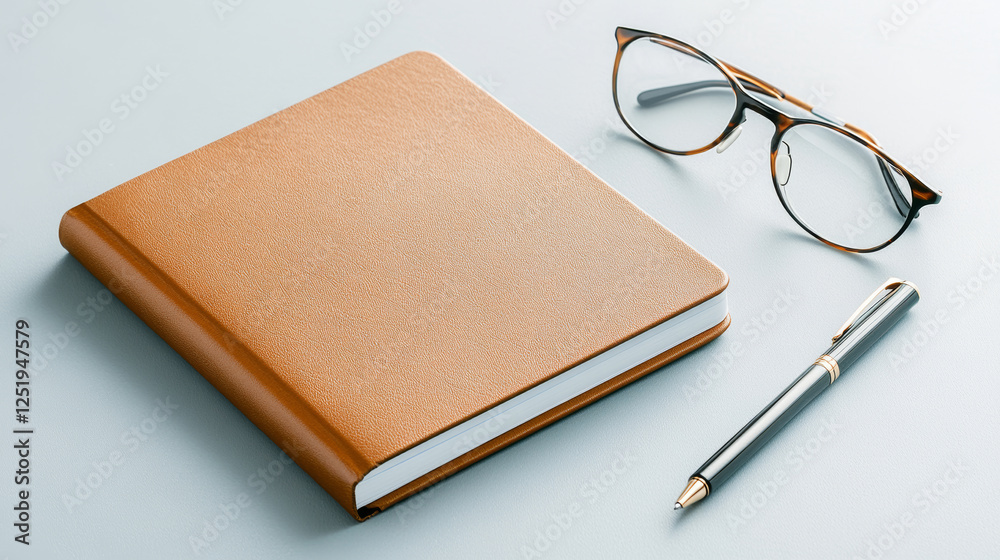 Hardcover planner with embossed details placed next to eyeglasses and a pen on a soft gray blue surface