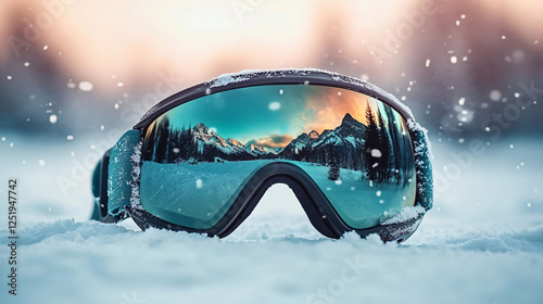 Designer Ski Goggles with Teal Rim Resting in Pristine Snow at Mountain Sunset