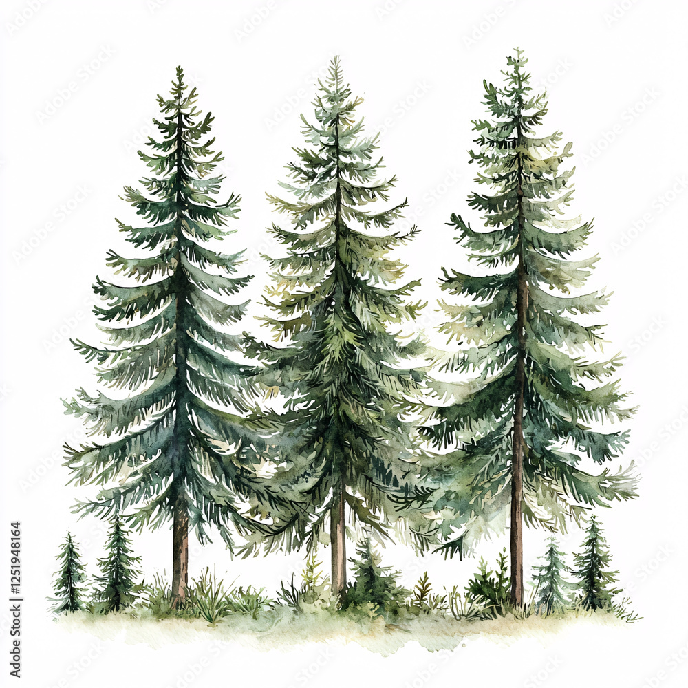 Obraz premium Watercolor painting of three evergreen trees with smaller trees and grass at their base, set against a white background.