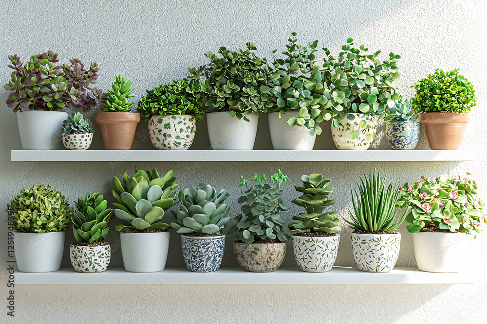 Fototapeta premium Potted succulents and foliage plants arranged on two white shelves against a textured neutral wall in bright light.