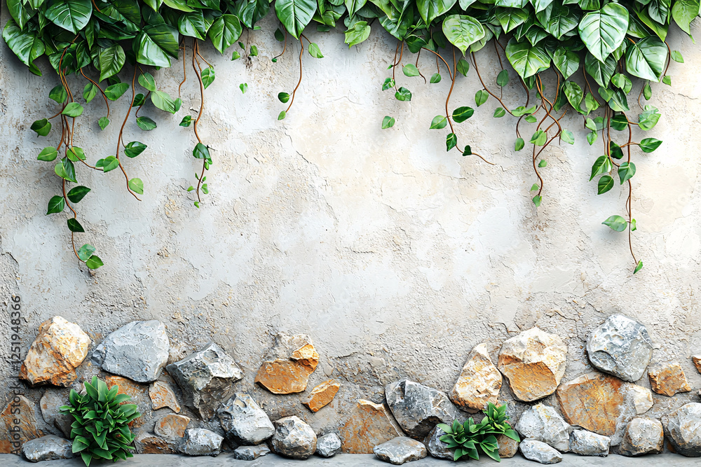 Naklejka premium Ivy cascading down a textured wall, with stones and small plants lining the base.