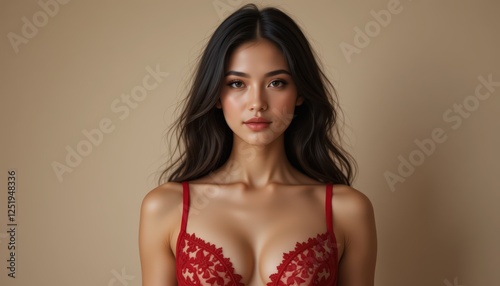 Portrait of a Young Woman in Red Lingerie Against a Beige Background
