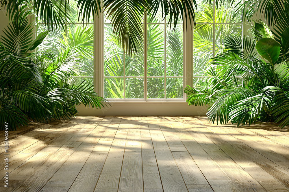 Fototapeta premium Sunlit wood floor in a room filled with lush green tropical plants around a large window.