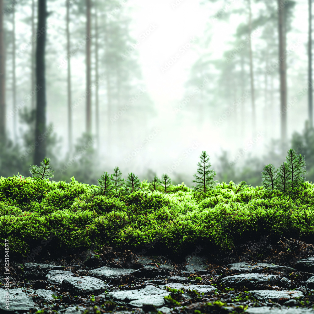 Fototapeta premium Moss-covered forest floor and small trees with a misty backdrop of tall trees.