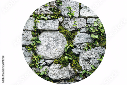 A textured stone wall, dotted with vibrant green moss and small, fresh sprouting plants.