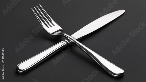 A crossed fork and knife create an elegant cutlery arrangement with a polished chrome finish.