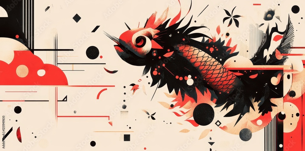 Abstract composition features a stylized fish surrounded by shapes Abstract composition features a stylized fish surrounded by shapes