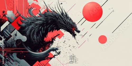 Wallpaper Mural Abstract illustration of a black dragon with red geometric accents Torontodigital.ca