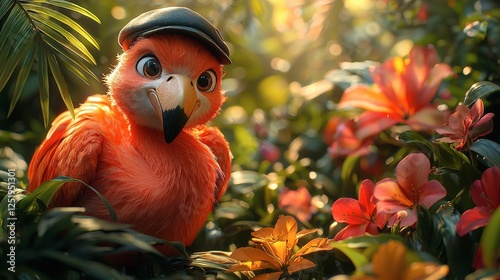 Charming Scarlet Bird in Tropical Paradise: A Whimsical Digital Illustration