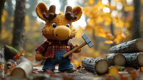 Charming Voxel Moose Lumberjack in Autumn Forest Setting