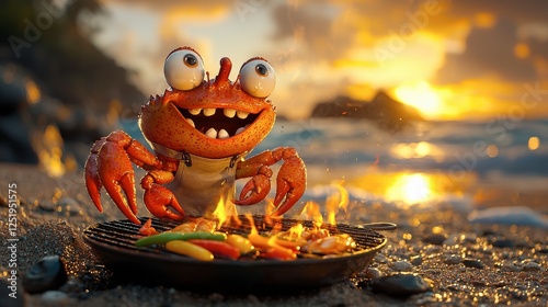 Cheerful Cartoon Crab Chef Grilling Seafood on a Beach at Sunset