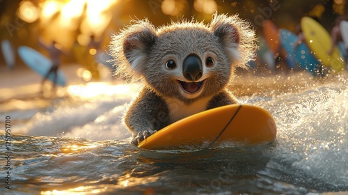 Cheerful Koala Enjoys Sunset Surf Session at the Beach