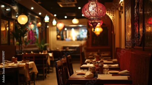 Cozy middle eastern restaurant interior with ornate hanging lanterns and soft lighting