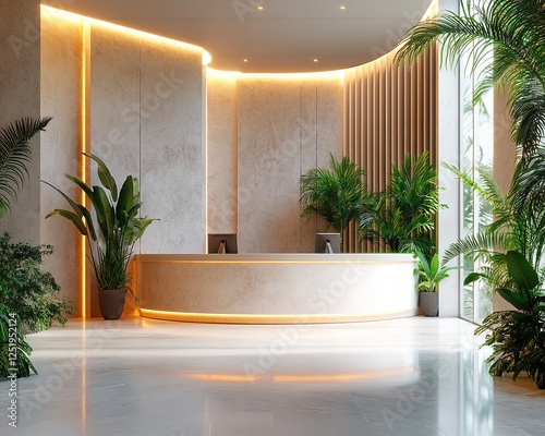 Modern Reception Area with Curved Desk, Indoor Plants, and Ambient Lighting photo