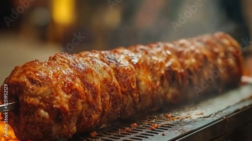 Juicy grilled shawarma spit with smoke and crispy texture photo