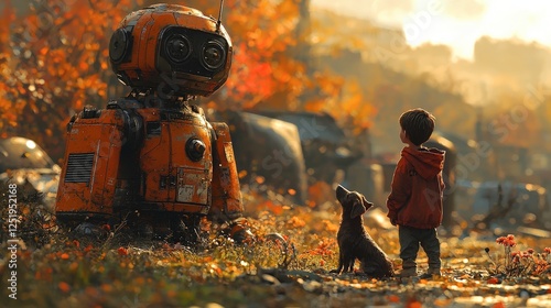 Child and Dog Encounter Giant Robot in Desolate Autumn Landscape