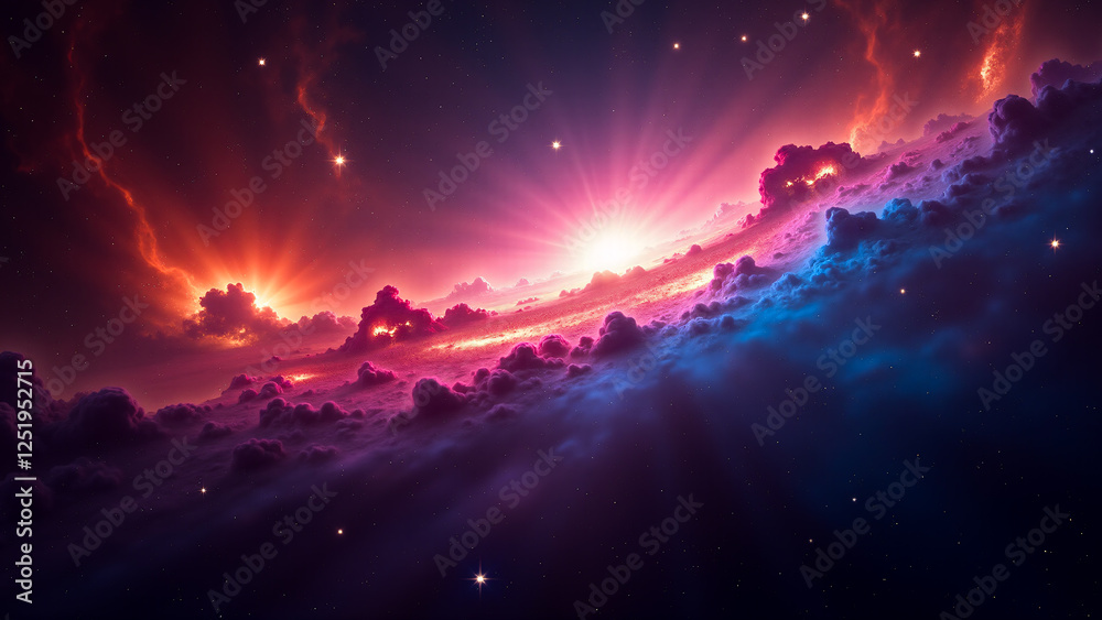 Naklejka premium Cosmic Nebula with Vibrant Galactic Clouds and Starlit Horizon