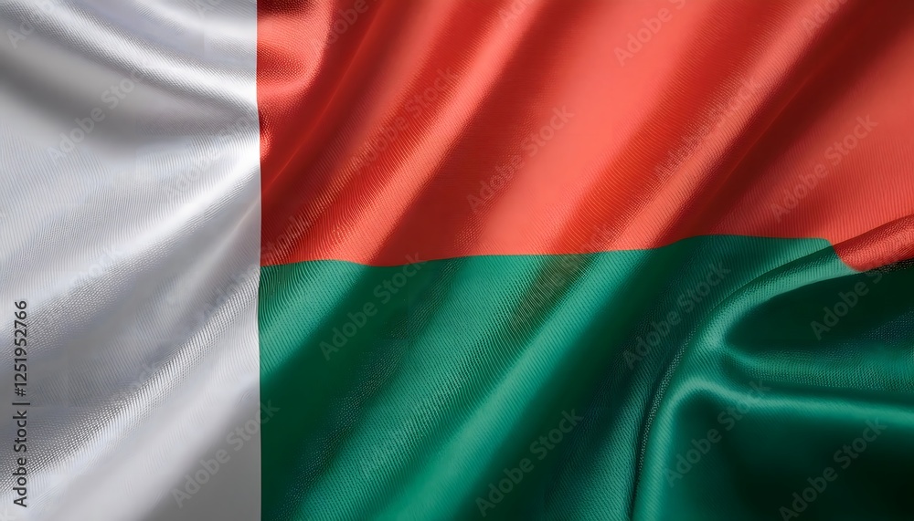 Vibrant Madagascar flag waving with luxurious satin texture - Patriotic and cultural symbol Vibrant Madagascar flag waving with luxurious satin texture - Patriotic and cultural symbol