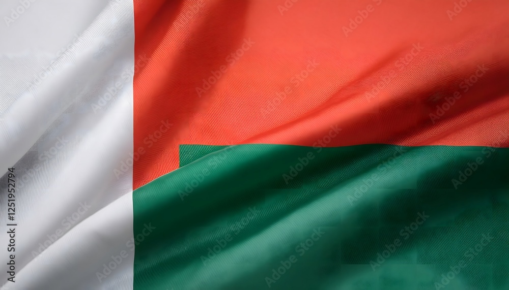 Vibrant Madagascar flag waving with luxurious satin texture - Patriotic and cultural symbol Vibrant Madagascar flag waving with luxurious satin texture - Patriotic and cultural symbol