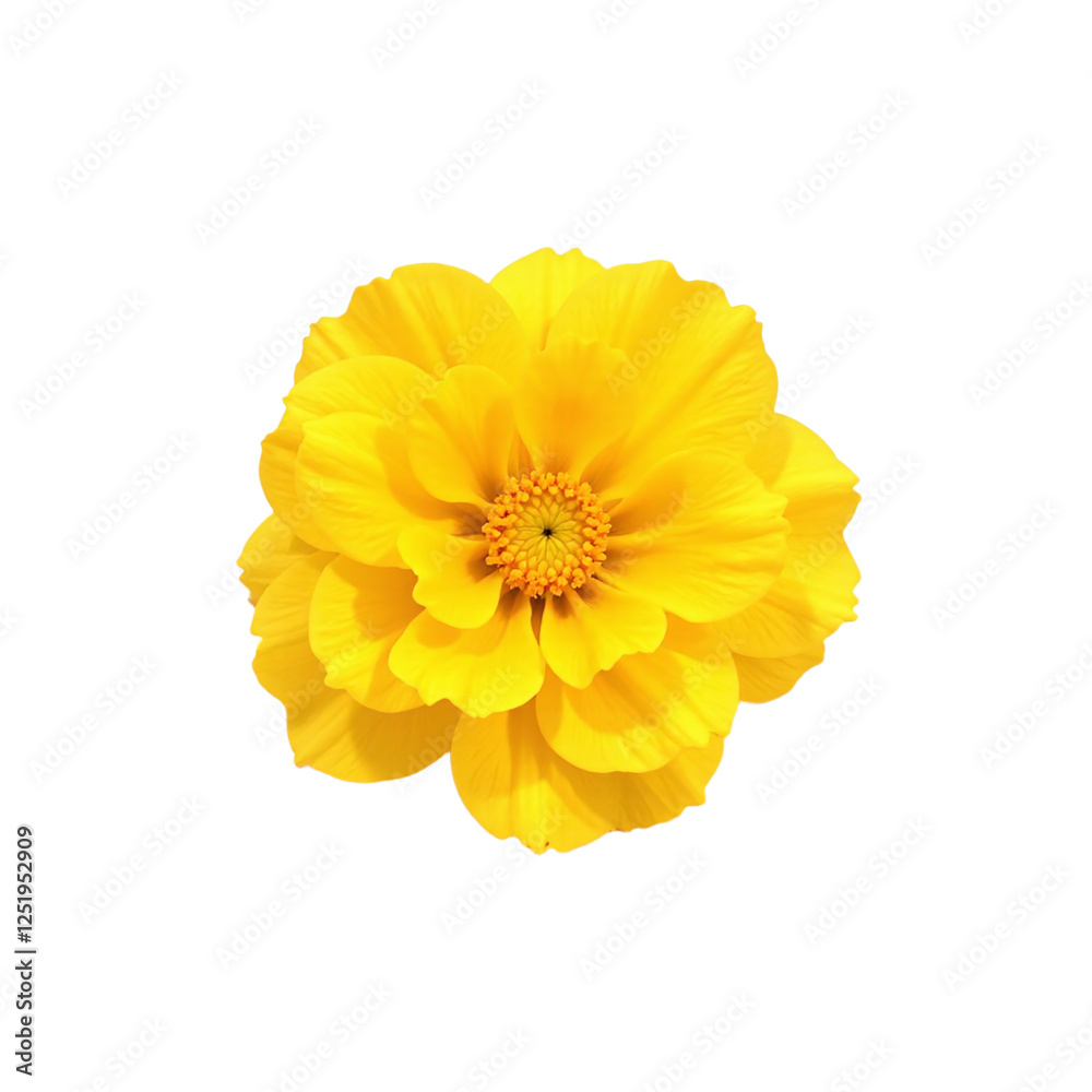 Close-up image of a single, vibrant yellow cosmos flower against a cut out background. Close-up image of a single, vibrant yellow cosmos flower against a cut out background.