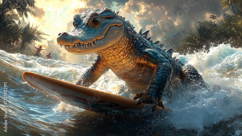 Crocodile Surfing: A Vibrant Sunset Scene