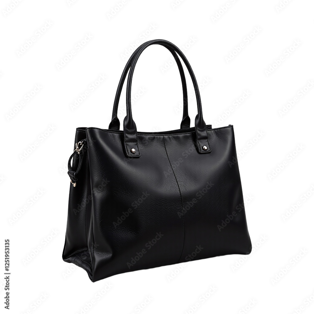 A black leather tote bag with two handles, isolated on a cut out background. A black leather tote bag with two handles, isolated on a cut out background.