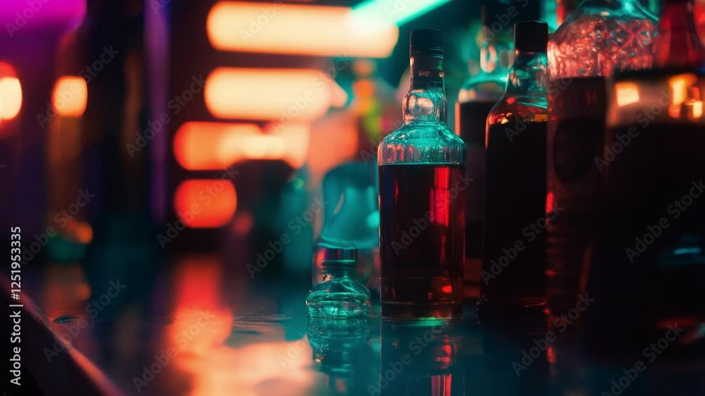 Bar counter illuminated with neon lights, glass bottles and reflections.