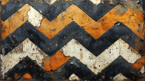 Distressed Chevron Pattern: Black, Orange, and White Weathered Texture