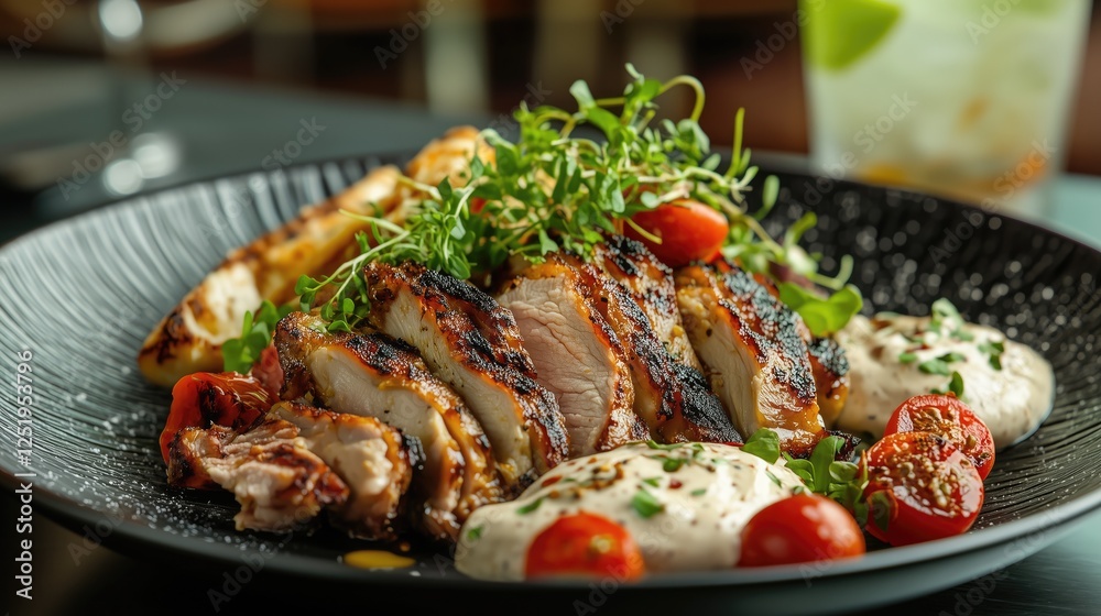 Grilled chicken with vegetables and creamy sauce garnished with herbs Grilled chicken with vegetables and creamy sauce garnished with herbs