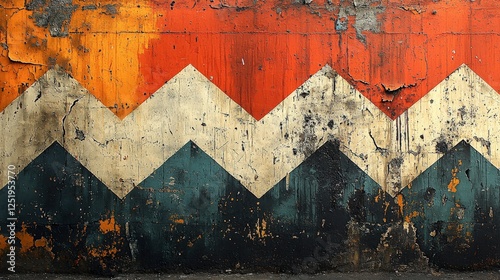 Distressed Chevron Pattern Background: Vintage Grunge Texture with Orange, Red, Beige and Teal Tones