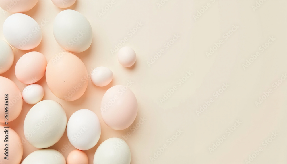 Pastel-colored eggs scattered on soft background, spring celebration Pastel-colored eggs scattered on soft background, spring celebration