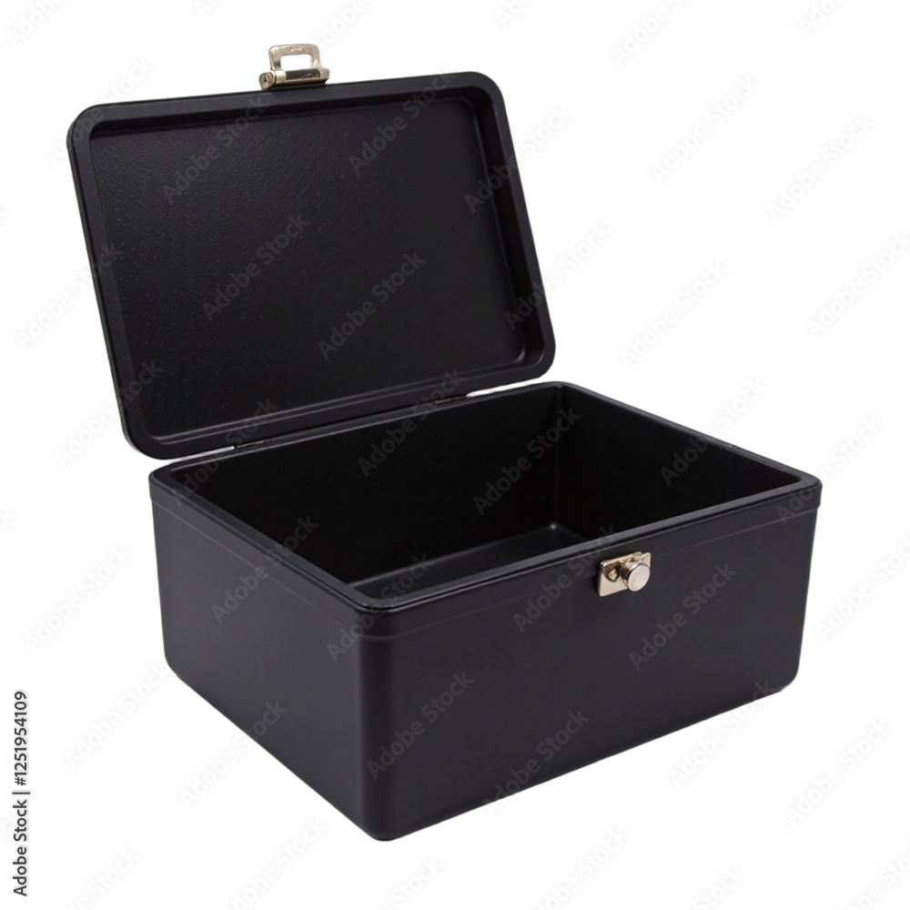 Image of an empty black metal storage box with a hinged lid and clasp, isolated on a cut out background. Image of an empty black metal storage box with a hinged lid and clasp, isolated on a cut out background.
