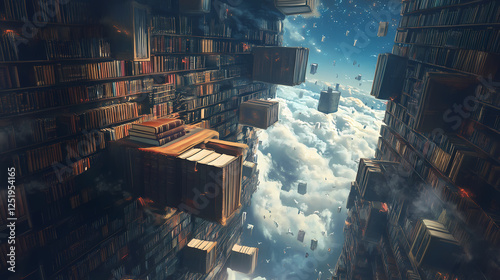 An infinite library where the books float and rearrange themselves in the air. Infinite Libraries. Illustration photo