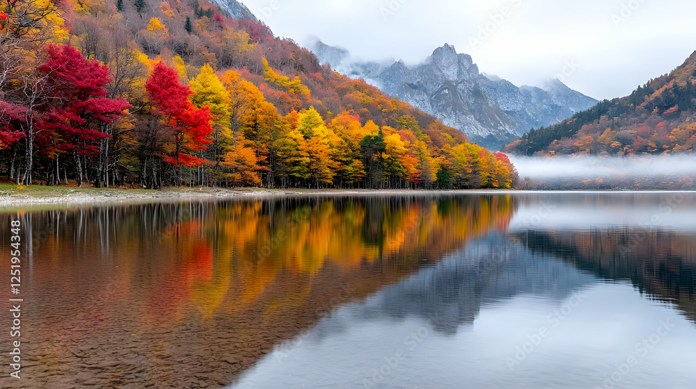 Fototapeta premium Autumnal lake reflection, misty mountains (1)