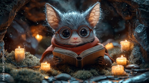 Enchanted Cave Reader: A Whimsical Fantasy Creature Illuminated by Candlelight