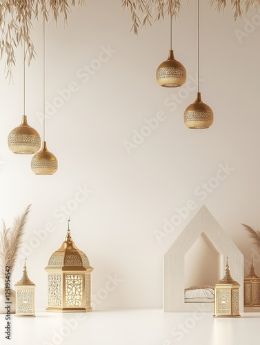 Elegant Golden Lanterns and Minimalist Decor in a Serene Room Interior Design
