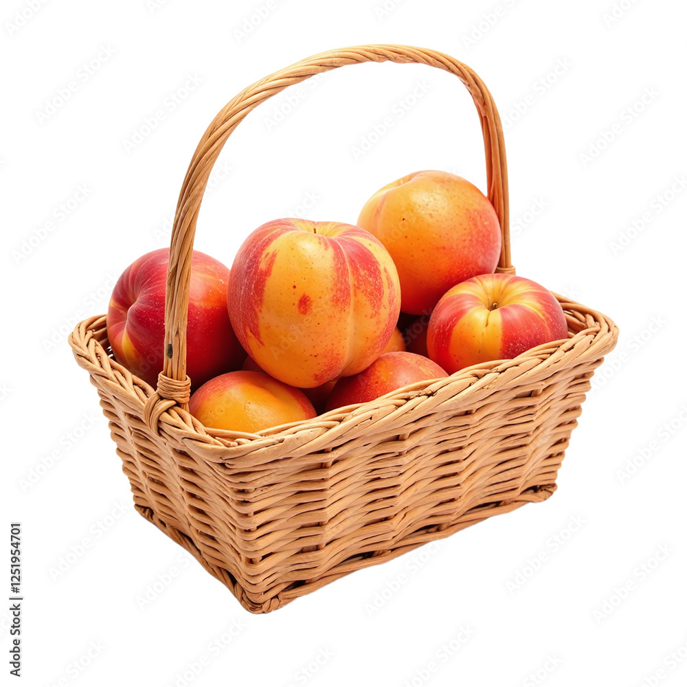 A wicker basket filled with ripe, red and yellow nectarines against a cut out background. A wicker basket filled with ripe, red and yellow nectarines against a cut out background.
