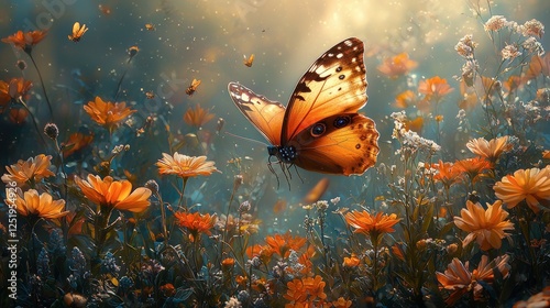 Enchanted Meadow: An Orange Butterfly in Flight Among Dew-Kissed Wildflowers