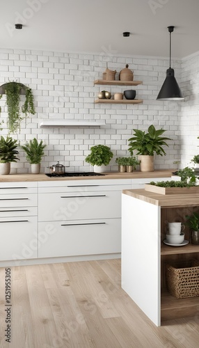 land 3d kitchen scandinavian bricks rendering white plants wooden many kitchen interior home wood house bathroom design furniture white sink luxury architecture cabinet table new contemporary light