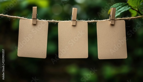 Three Eco-Friendly Cards Made From Recycled Paper Are Elegantly Displayed On A Clothesline, Perfect For Any Sustainable Home Decor.