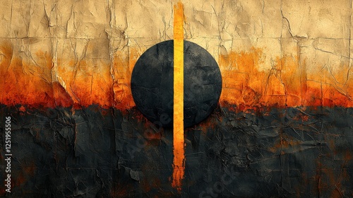 Fiery Abstract Landscape with Dark Circle and Golden Line