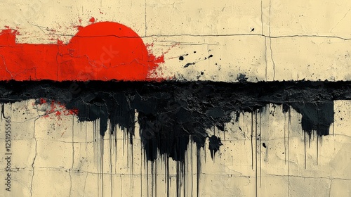 Expressive Abstract Landscape with Red Sun Setting Over Black Horizon