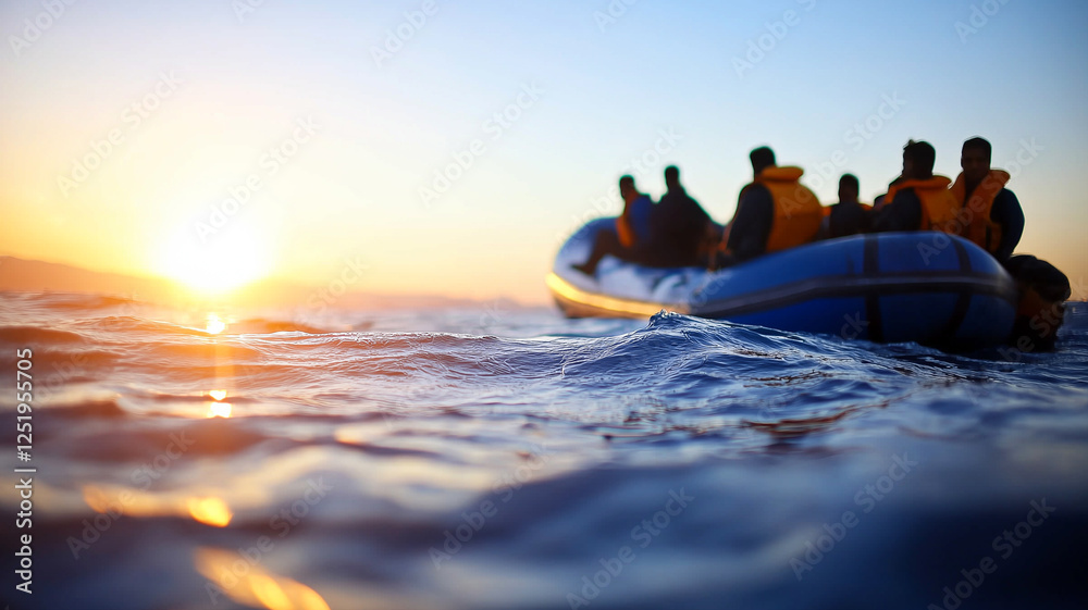 Migrants Boarding a Small, Overcrowded Boat at Sunrise, Facing the Vast and Calm Sea With Mixed Emotions of Hope and Fear