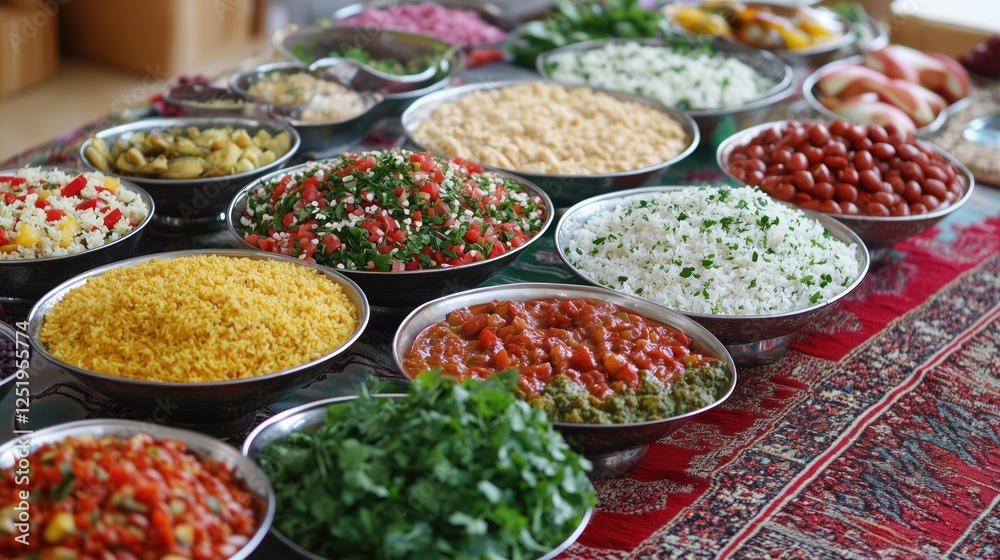 Fototapeta premium Colorful assortment of fresh middle eastern salads and ingredients on vibrant table setting