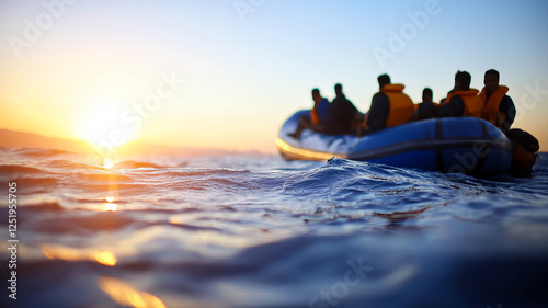 Obraz na płótnie Migrants Boarding a Small, Overcrowded Boat at Sunrise, Facing the Vast and Calm Sea With Mixed Emotions of Hope and Fear w salonie