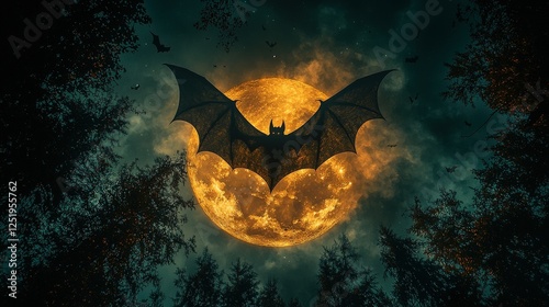 Fiery Full Moon Bat Silhouette in Dark Forest