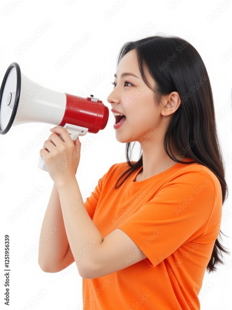 stylish Asian woman with black medium hair, wearing an orange snug t-shirt, holding a megaphone and smiling, white backdrop stylish Asian woman with black medium hair, wearing an orange snug t-shirt, holding a megaphone and smiling, white backdrop