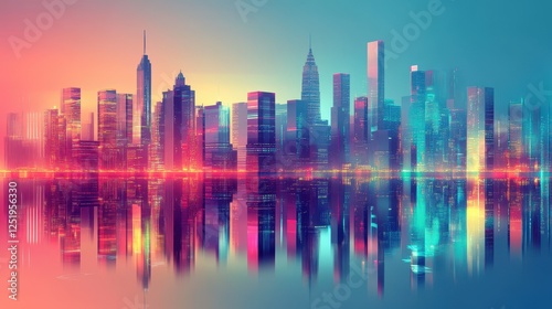 Colorful cityscape reflecting beautifully over a body of calm water