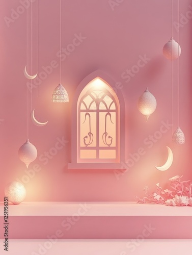 Pink Ramadan Background Illuminated Window with Hanging Lanterns and Moons