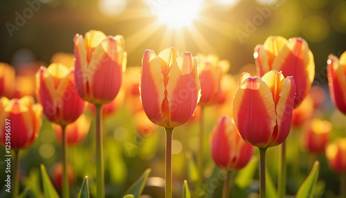 Vibrant rainbow tulips basking in sunlight at sunrise, garden freshness